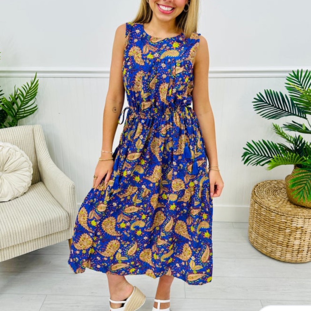 103 Easel Paisley Sunset Blue Sleeveless Dress NWT